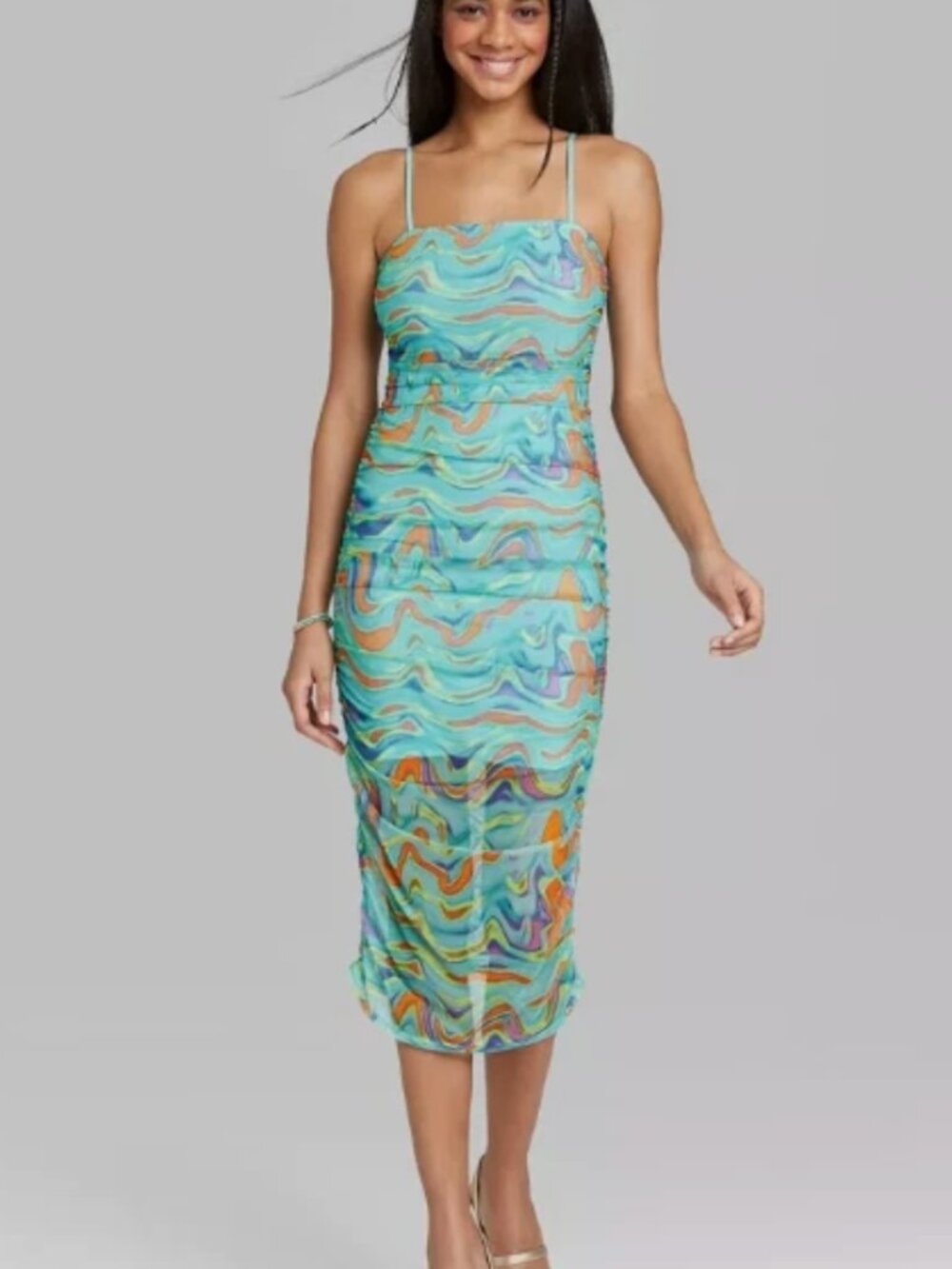 Wild Fable Marble Mesh Lined Ruched Colorful Midi Dress Small - Party Y2K 90s